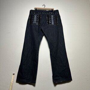 Y2K Crown Holder Leather Denim Leather Jeans Pants Suede Lining Men 42x35 Black